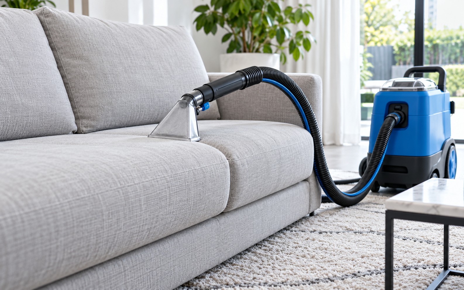 Sofa und Teppich mit Polsterreinigungsgerät