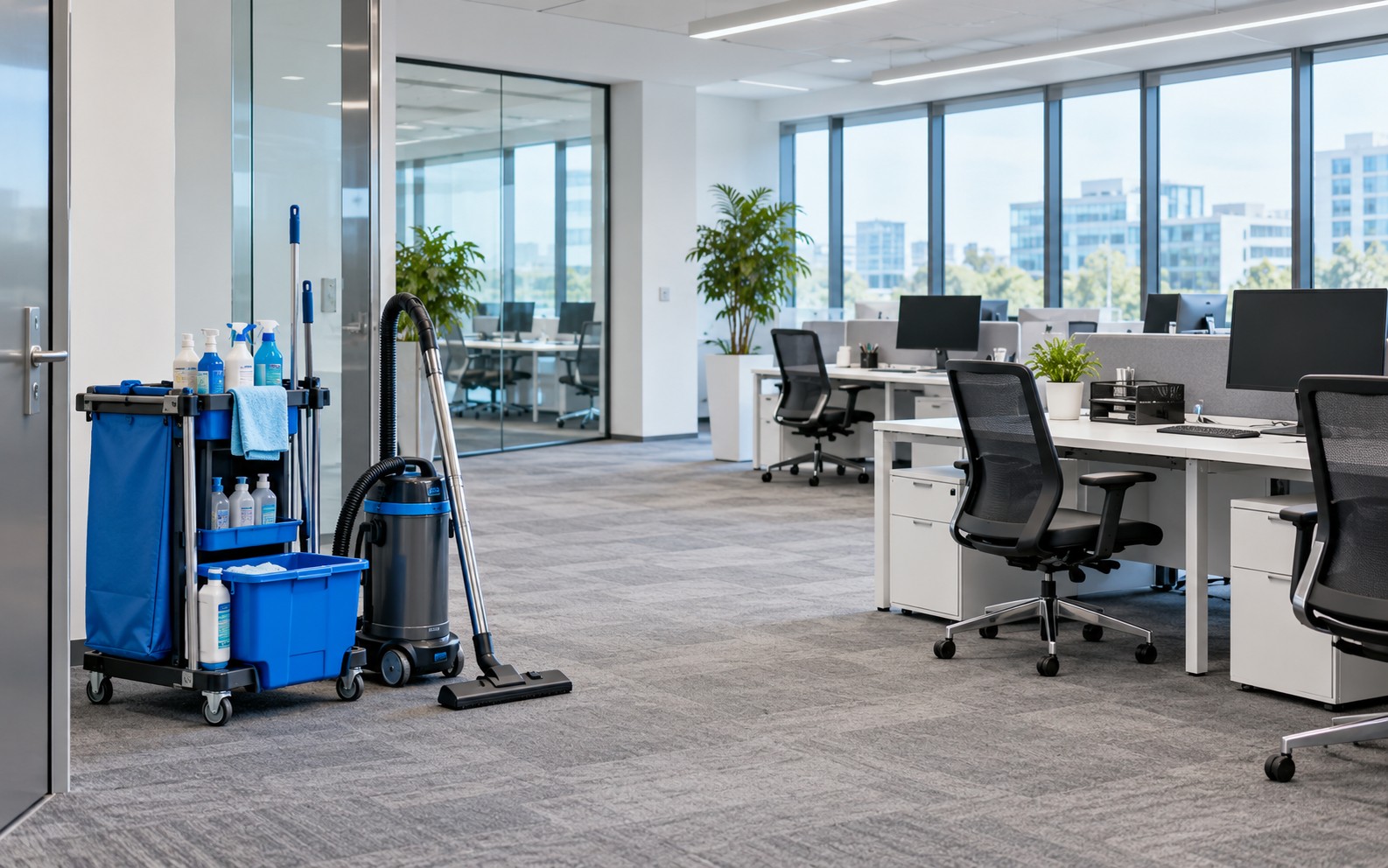 Gepflegtes Büro mit Reinigungswagen und Staubsauger